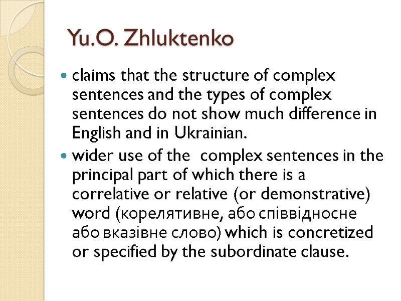 Yu.O. Zhluktenko claims that the structure of complex sentences and the types of complex